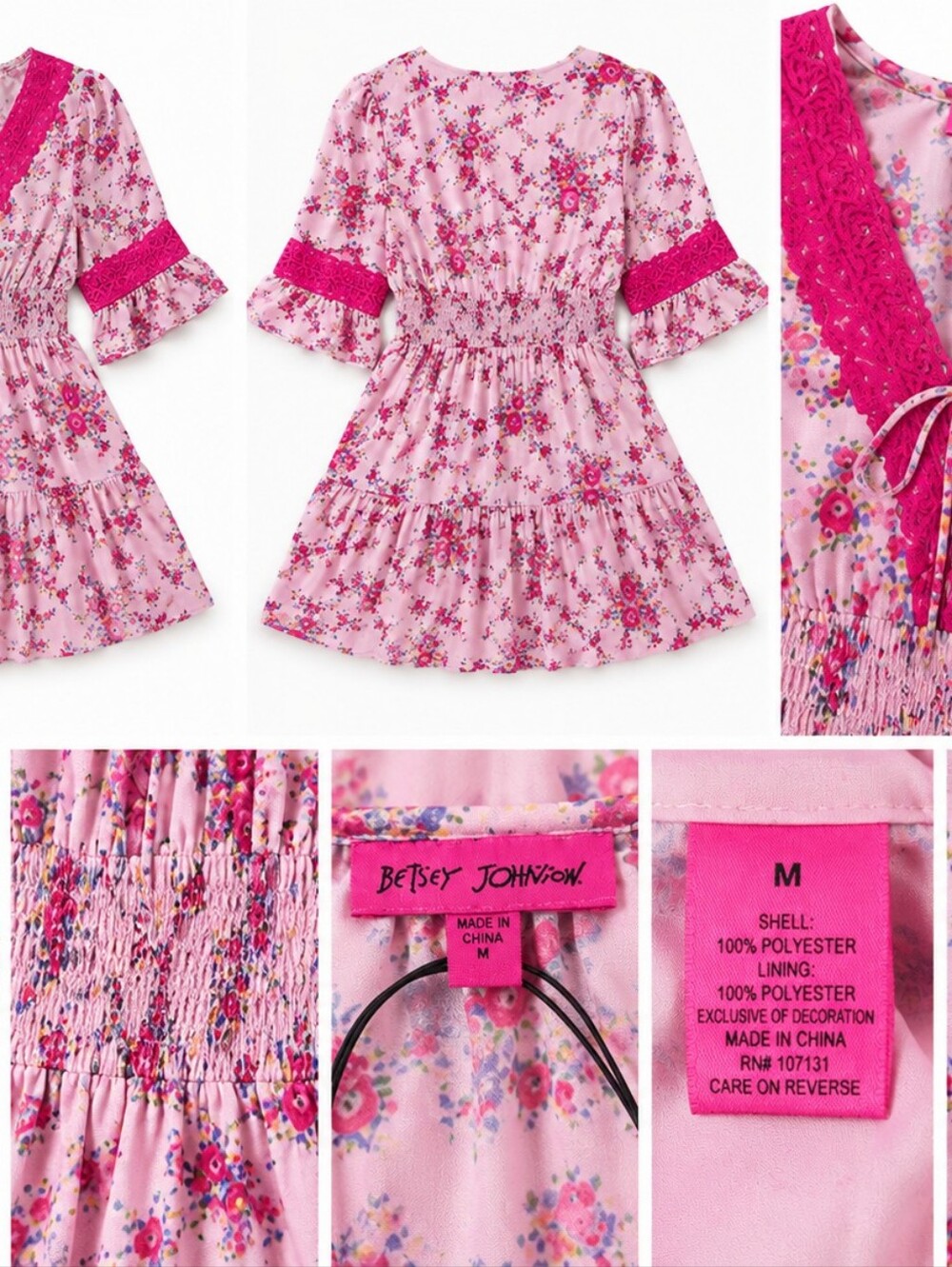 Betsey Johnson Pink Floral Lace Trim Mini Dress NWT Women's Medium - Picture 4 of 4
